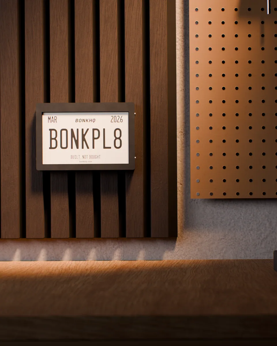 3D render of the BonkPlate prototype displayed on a garage wall