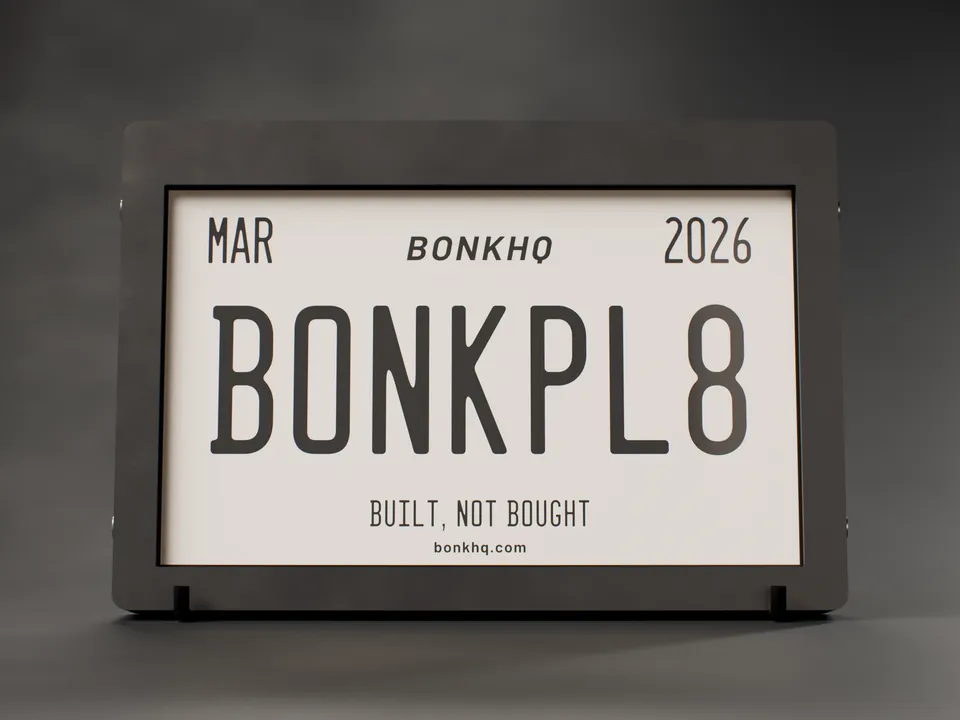 3D render of the BonkPlate prototype from the front, showing the neutral BONKHQ sample design