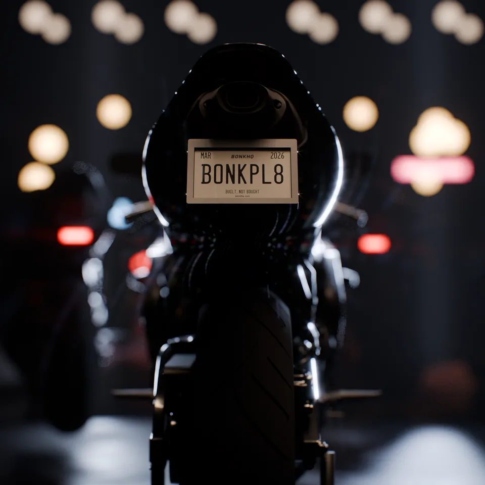 3D render of the BonkPlate prototype on a sportbike at a night bike meet