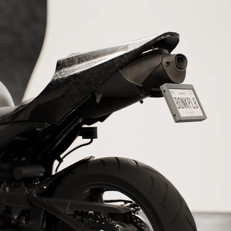 3D render of the BonkPlate prototype on the tail of a parked sportbike, side view in bright studio light